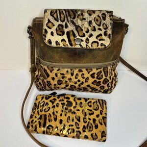 Myra Swish Leather Hairon Bag Cheetah Print Suede Bundle Crossbody Tote w Wallet